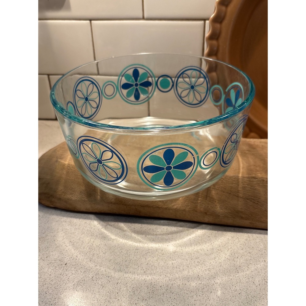 Pyrex Blue Teal Floral Clear Glass Mixing Bowl Round 9.25 Inch Serving Bowl